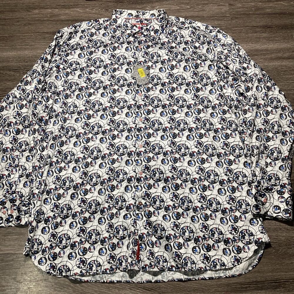 LUCHIANO VISCONTI Mens 3XLT WHITE BLACK MULTI CIRCLES Cotton Shirt 42112